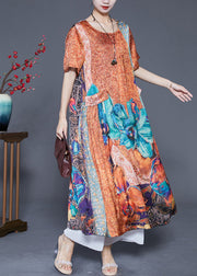 Plus Size Orange Oversized Print Pockets Silk Vacation Dresses Summer