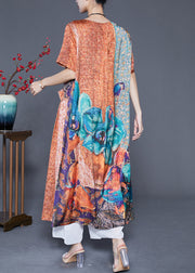 Plus Size Orange Oversized Print Pockets Silk Vacation Dresses Summer