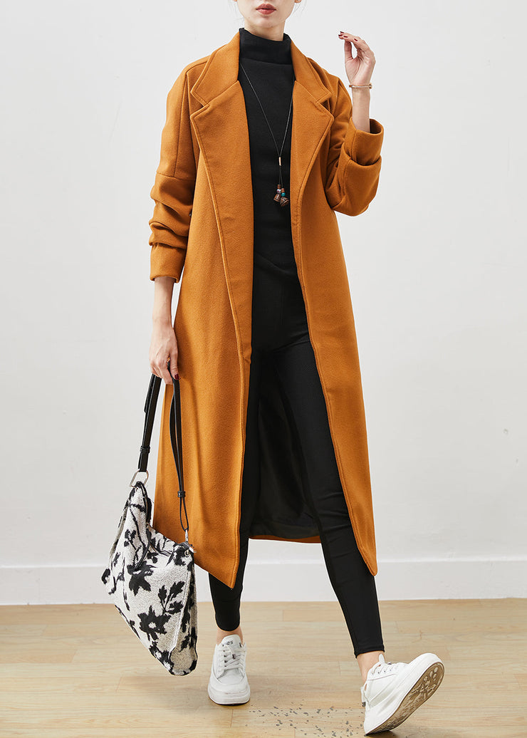 Plus Size Orange Oversized Tie Waist Woolen Coat Spring