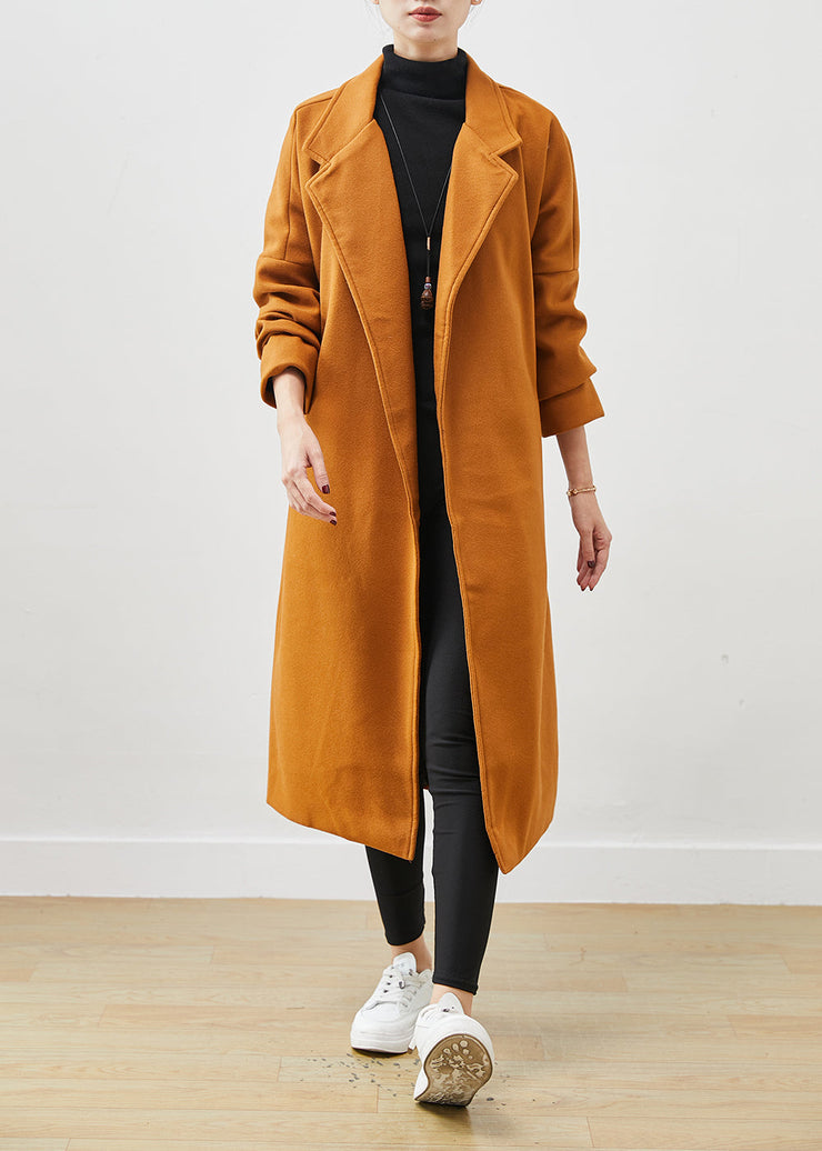 Plus Size Orange Oversized Tie Waist Woolen Coat Spring