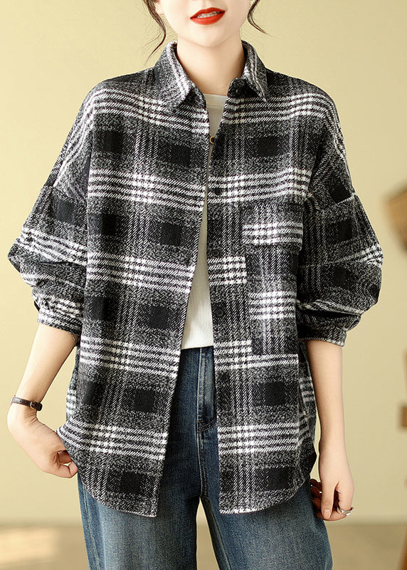 Plus Size Orange Plaid Peter Pan Collar Woolen Shirts Tops Fall