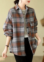 Plus Size Orange Plaid Peter Pan Collar Woolen Shirts Tops Fall