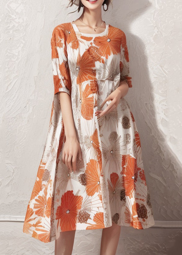 Plus Size Orange Print High Waist Cotton Dresses Half Sleeve