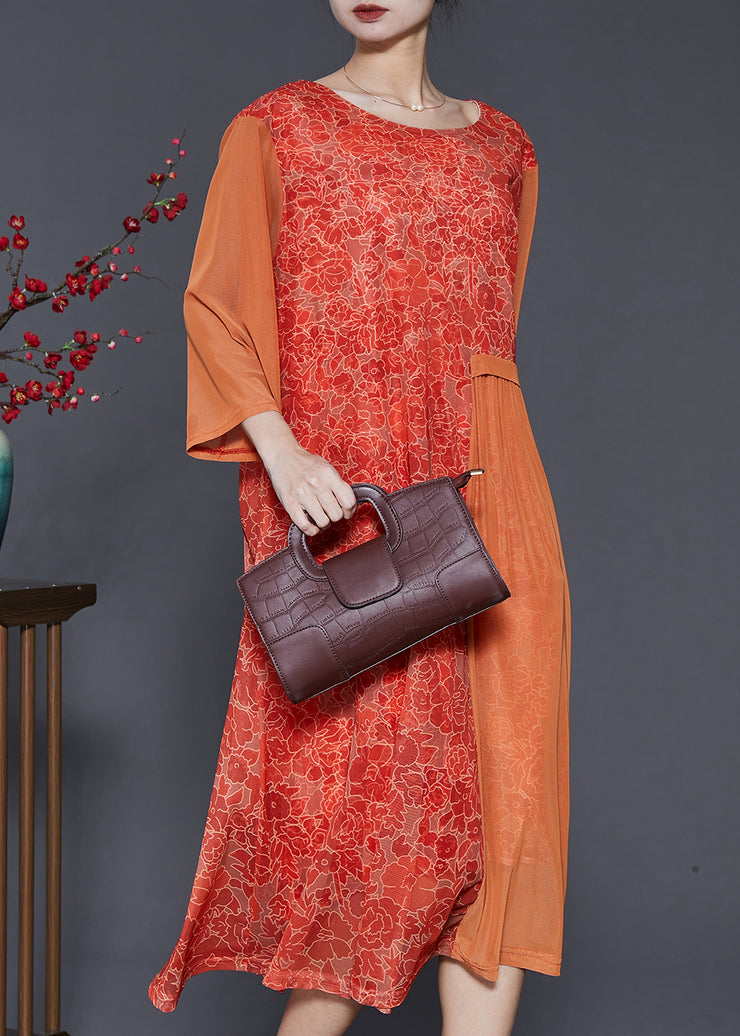 Plus Size Orange Print Patchwork Silk Long Dress Bracelet Sleeve
