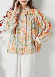 Plus Size Orange Ruffled Print Chiffon Shirt Top Spring