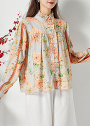 Plus Size Orange Ruffled Print Chiffon Shirt Top Spring