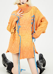 Plus Size Orange Turtleneck Patchwork Cozy Thick Knit Sweaters Fall