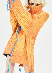 Plus Size Orange Turtleneck Patchwork Cozy Thick Knit Sweaters Fall