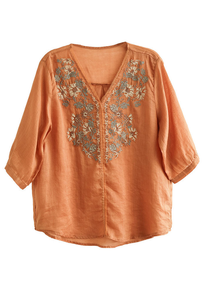 Plus Size Orange V Neck Embroideried Linen Blouse Top Half Sleeve