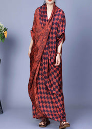 Plus Size Orange V Neck Plaid Silk Long Dress Long Sleeve