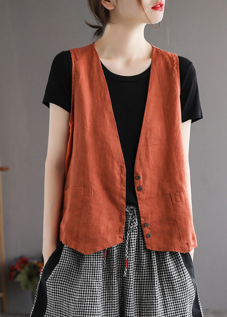 Plus Size Orange V Neck Pockets Linen Vest Tops Sleeveless