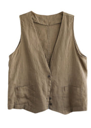 Plus Size Orange V Neck Pockets Linen Vest Tops Sleeveless