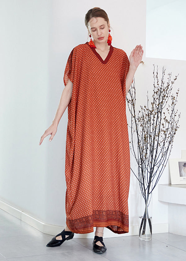 Plus Size Orange V Neck Print Chiffon Vacation Robe Dresses Summer