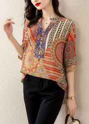 Plus Size Orange V Neck Print Patchwork Chiffon T Shirt Tops Summer