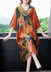 Plus Size Orange V Neck Print Patchwork Silk Dresses Summer