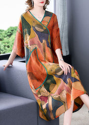 Plus Size Orange V Neck Print Patchwork Silk Dresses Summer