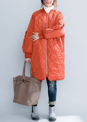 Plus Size Orange Zip Up Pockets Ruffled Patchwork Cotton Filled Coats Winter