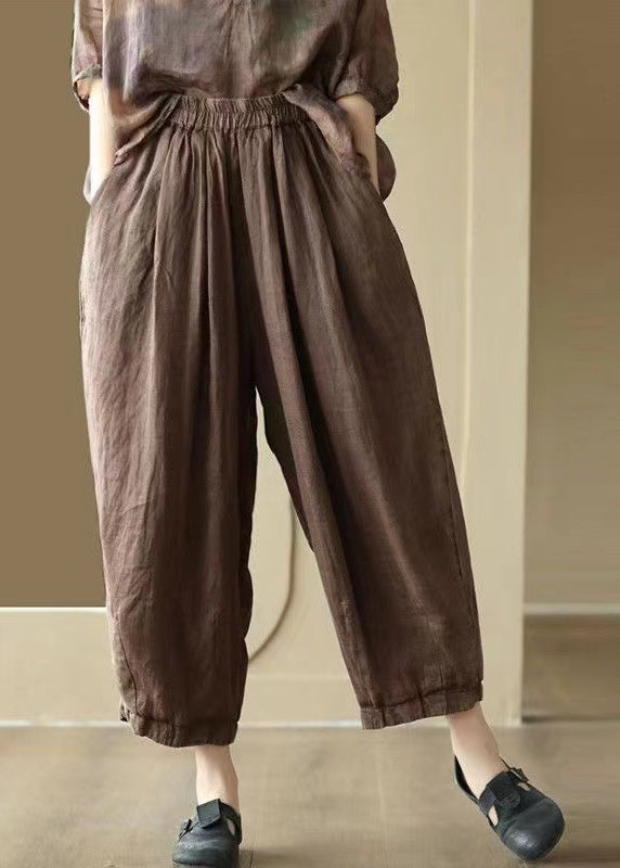 Plus Size Original Coffee Pockets Elastic Waist Linen Crop Pants Summer