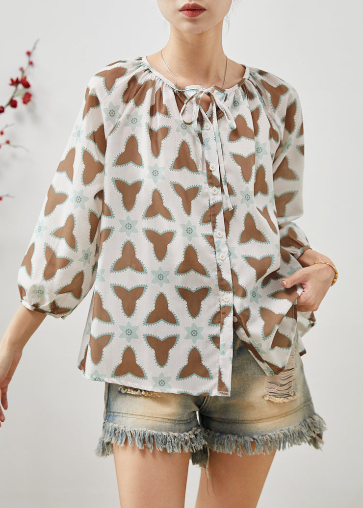 Plus Size Oversized Print Lace Up Cotton Blouse Tops Summer