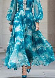 Plus Size Peacock Blue Cinched Tie Dye Chiffon Ankle Dress Fall