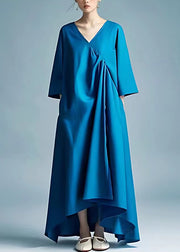 Plus Size Peacock Blue V Neck Solid Pockets Cotton Maxi Dresses Bracelet Sleeve