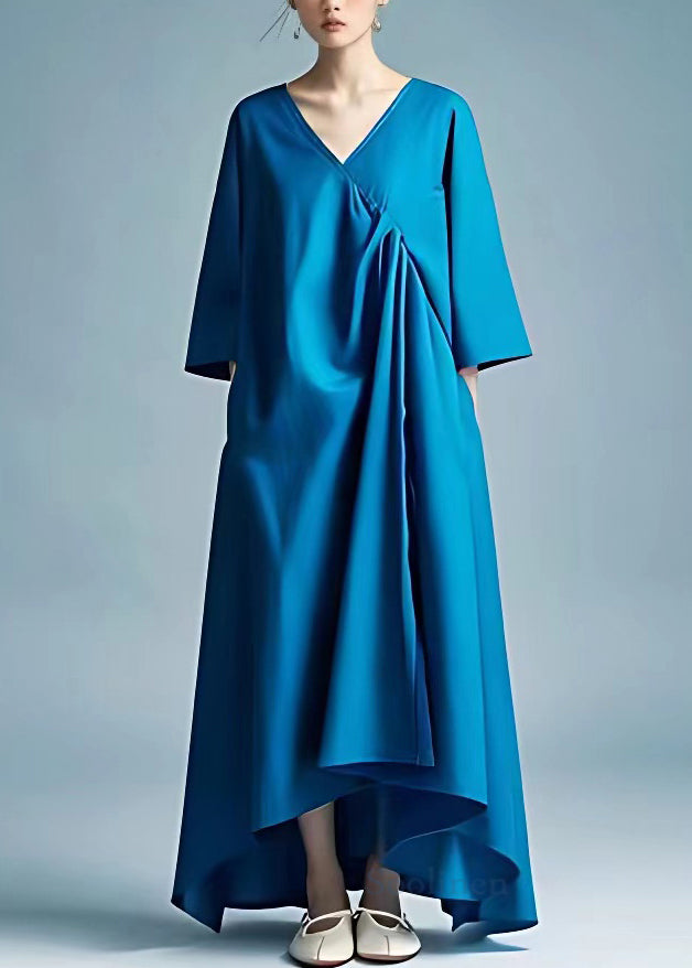 Plus Size Peacock Blue V Neck Solid Pockets Cotton Maxi Dresses Bracelet Sleeve