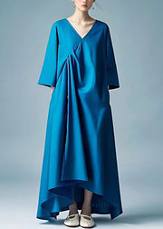 Plus Size Peacock Blue V Neck Solid Pockets Cotton Maxi Dresses Bracelet Sleeve