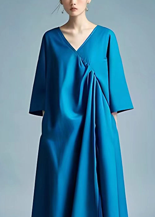 Plus Size Peacock Blue V Neck Solid Pockets Cotton Maxi Dresses Bracelet Sleeve