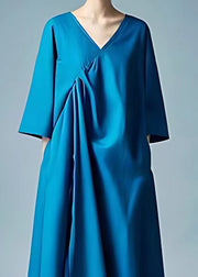 Plus Size Peacock Blue V Neck Solid Pockets Cotton Maxi Dresses Bracelet Sleeve