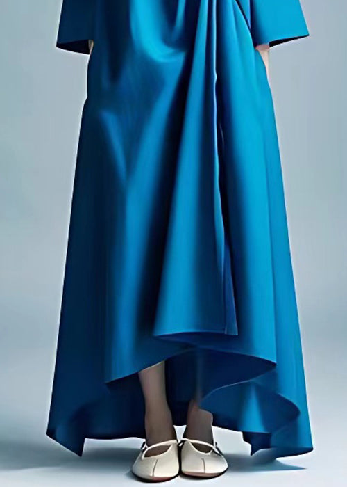 Plus Size Peacock Blue V Neck Solid Pockets Cotton Maxi Dresses Bracelet Sleeve