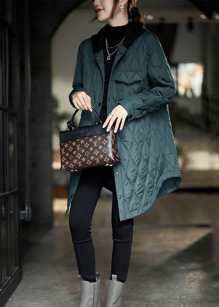 Plus Size Peacock Green Hooded Pockets Cotton Filled Women Coats Winter