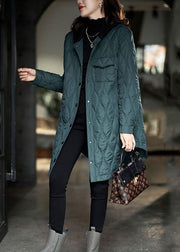 Plus Size Peacock Green Hooded Pockets Cotton Filled Women Coats Winter