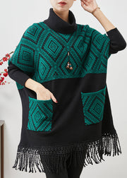 Plus Size Peacock Green Tasseled Patchwork Knit Mid Dress Spring