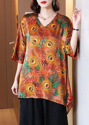 Plus Size Peacock Print V Neck Patchwork Silk Shirt Top Summer