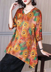 Plus Size Peacock Print V Neck Patchwork Silk Shirt Top Summer