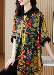 Plus Size Peter Pan Collar Print Button Low High Design Shirts Short Sleeve