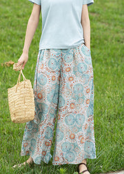 Plus Size Photo Color Pockets Print Linen Wide Leg Pants Summer