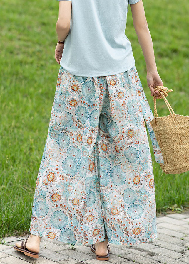 Plus Size Photo Color Pockets Print Linen Wide Leg Pants Summer