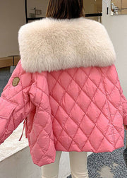 Plus Size Pink Fur Collar Pockets Plaid Patchwork Parka Long Sleeve