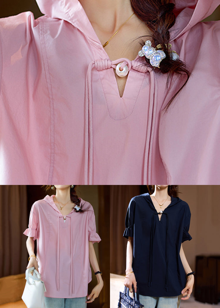 Plus Size Pink Hooded Chinese Button Cotton T Shirt Summer