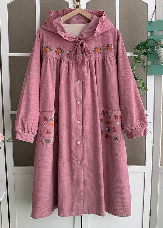 Plus Size Pink Hooded Embroideried Lace Up Cotton Long Coats Spring