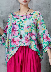 Plus Size Pink O-Neck Floral Print Linen Blouses Summer