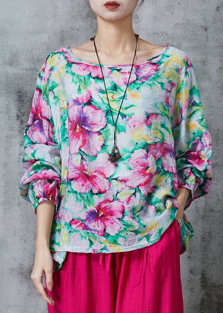 Plus Size Pink O-Neck Floral Print Linen Blouses Summer