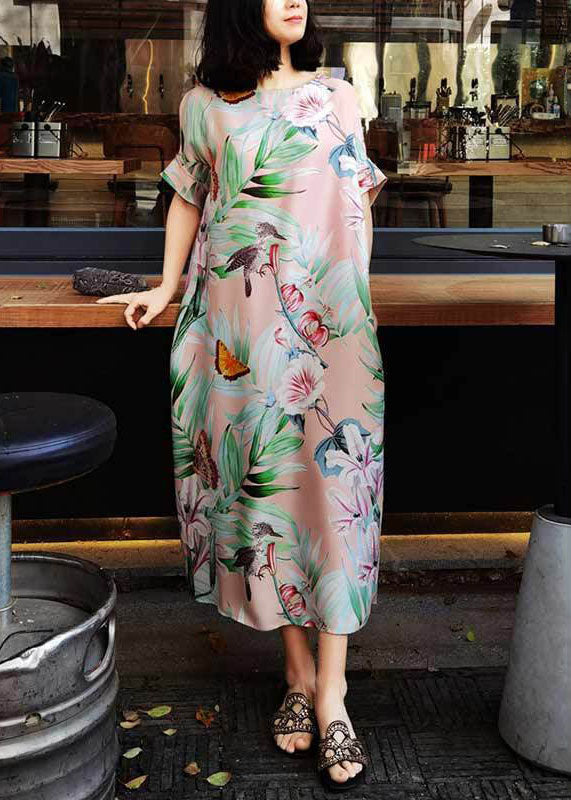 Plus Size Pink O-Neck Print Party Dress Summer