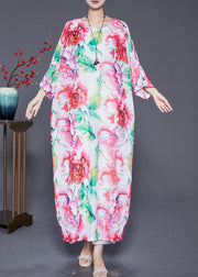 Plus Size Pink Oversized Floral Print Cotton Dress Batwing Sleeve