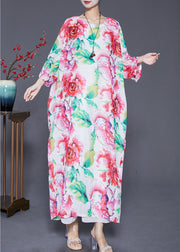 Plus Size Pink Oversized Floral Print Cotton Dress Batwing Sleeve