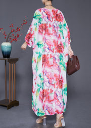 Plus Size Pink Oversized Floral Print Cotton Dress Batwing Sleeve