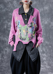 Plus Size Pink Oversized Patchwork Cotton Sweatshirts Top Spring