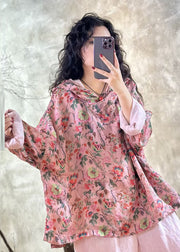 Plus Size Pink Oversized Print Linen Hooded Pullover Top Spring