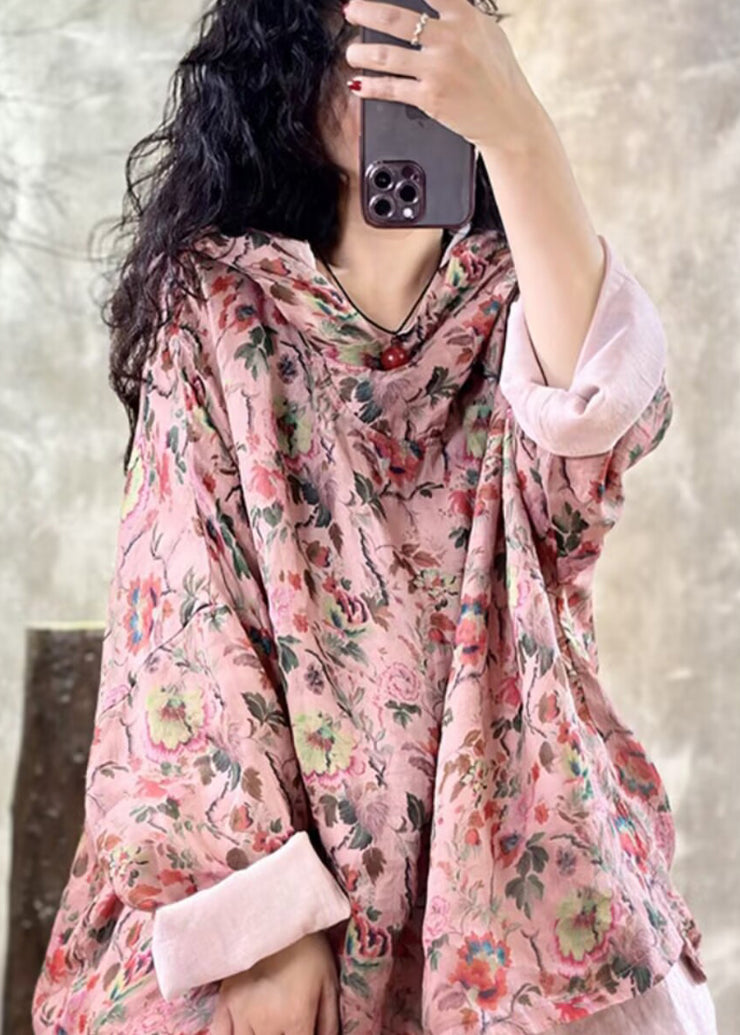 Plus Size Pink Oversized Print Linen Hooded Pullover Top Spring